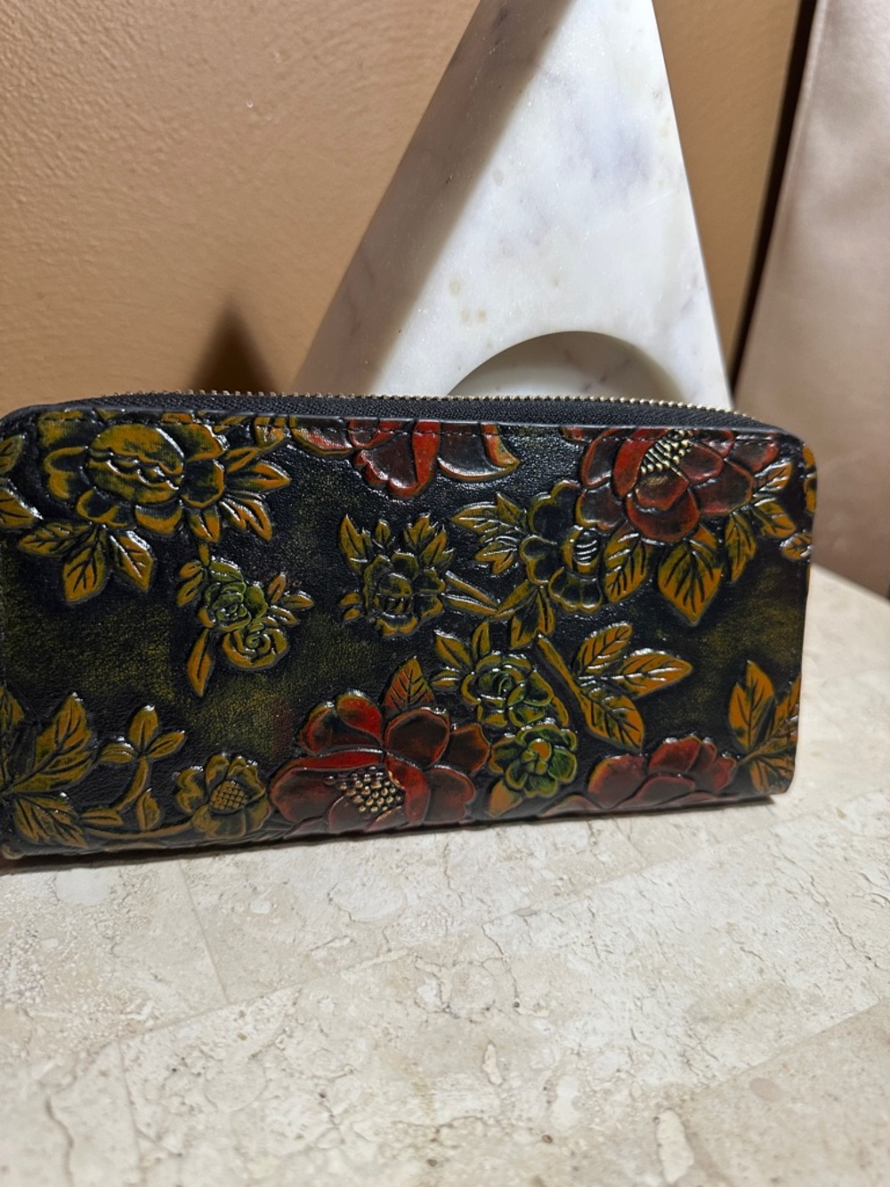 Embossed Floral Leather Zipper Wallet in Black with Red & Green Flowers